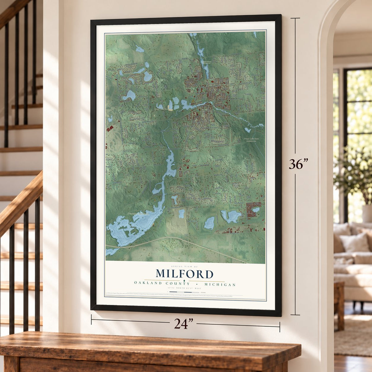 Milford, Oakland County, Michigan map, 24 x 36 inch print in a black frame by a staircase
