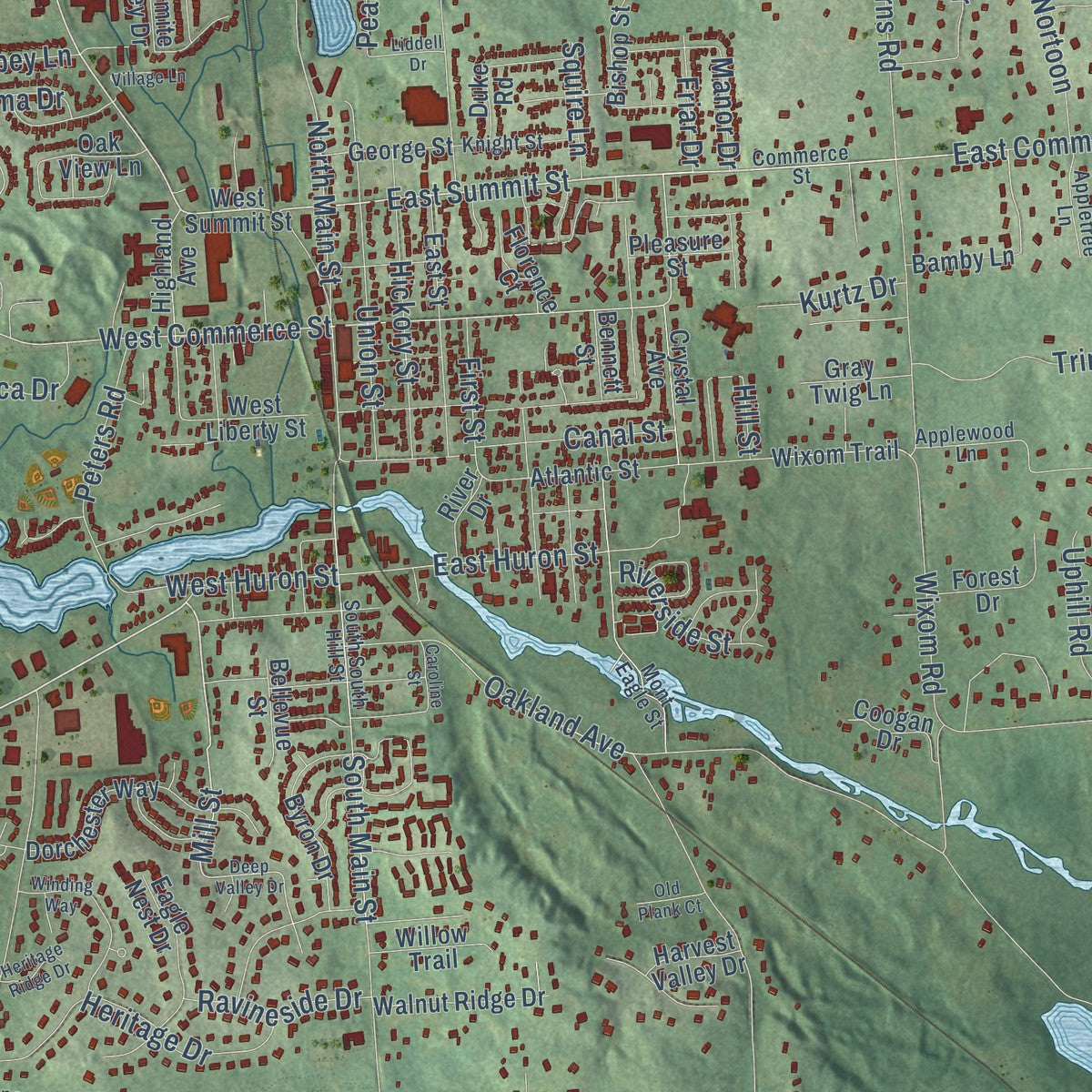 Close-up of the map of Milford, Oakland County, Michigan print showing street and building detail