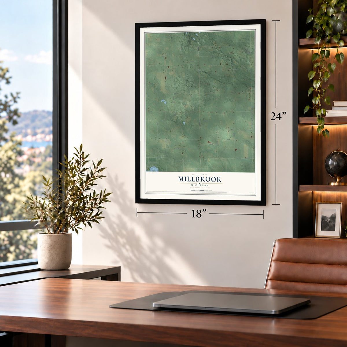 Millbrook, Michigan map, 18 x 24 inch print in a black frame in a home office