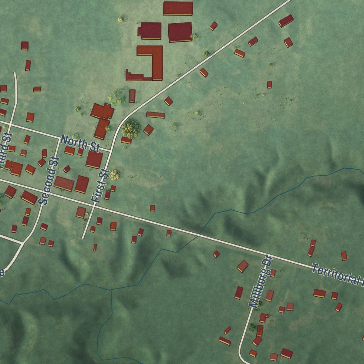 Close-up of the map of Millburg, Michigan print showing street and building detail