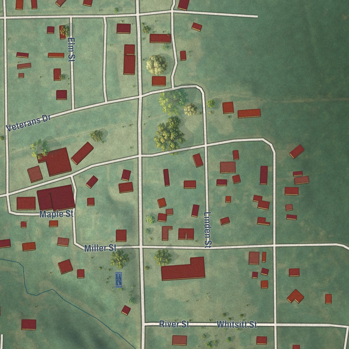 Close-up of the map of Millersburg, Michigan print showing street and building detail