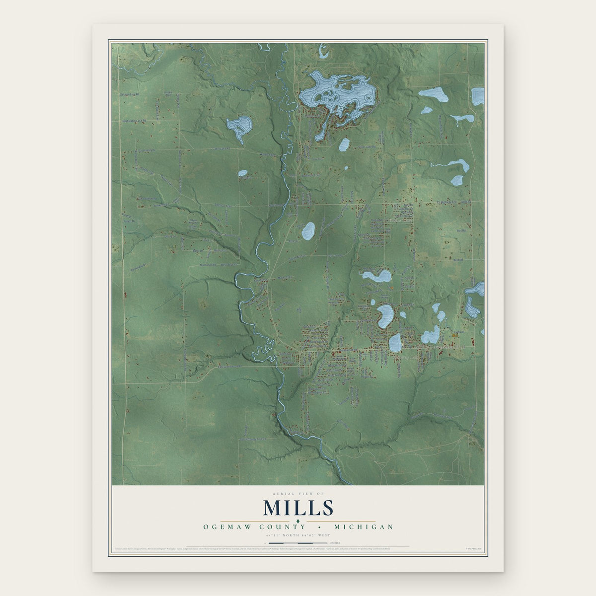 Mills, Ogemaw County, Michigan map print, the full design
