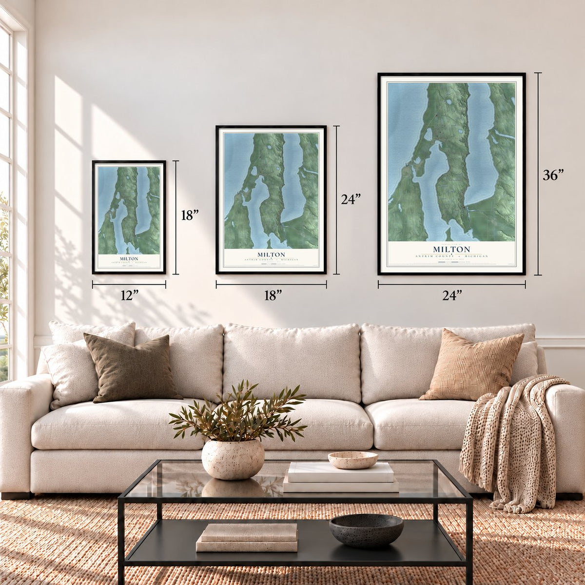 Milton, Antrim County, Michigan map in 12 x 18, 18 x 24 and 24 x 36 inch sizes above a sofa