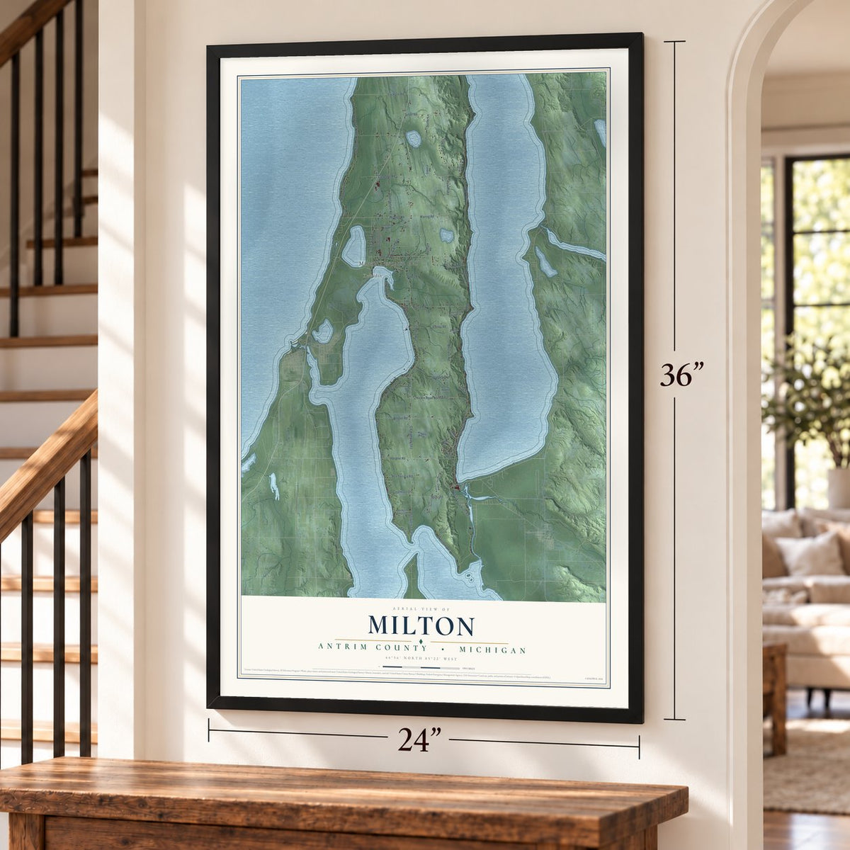 Milton, Antrim County, Michigan map, 24 x 36 inch print in a black frame by a staircase