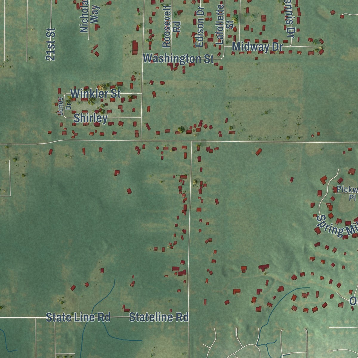 Close-up of the map of Milton, Cass County, Michigan print showing street and building detail