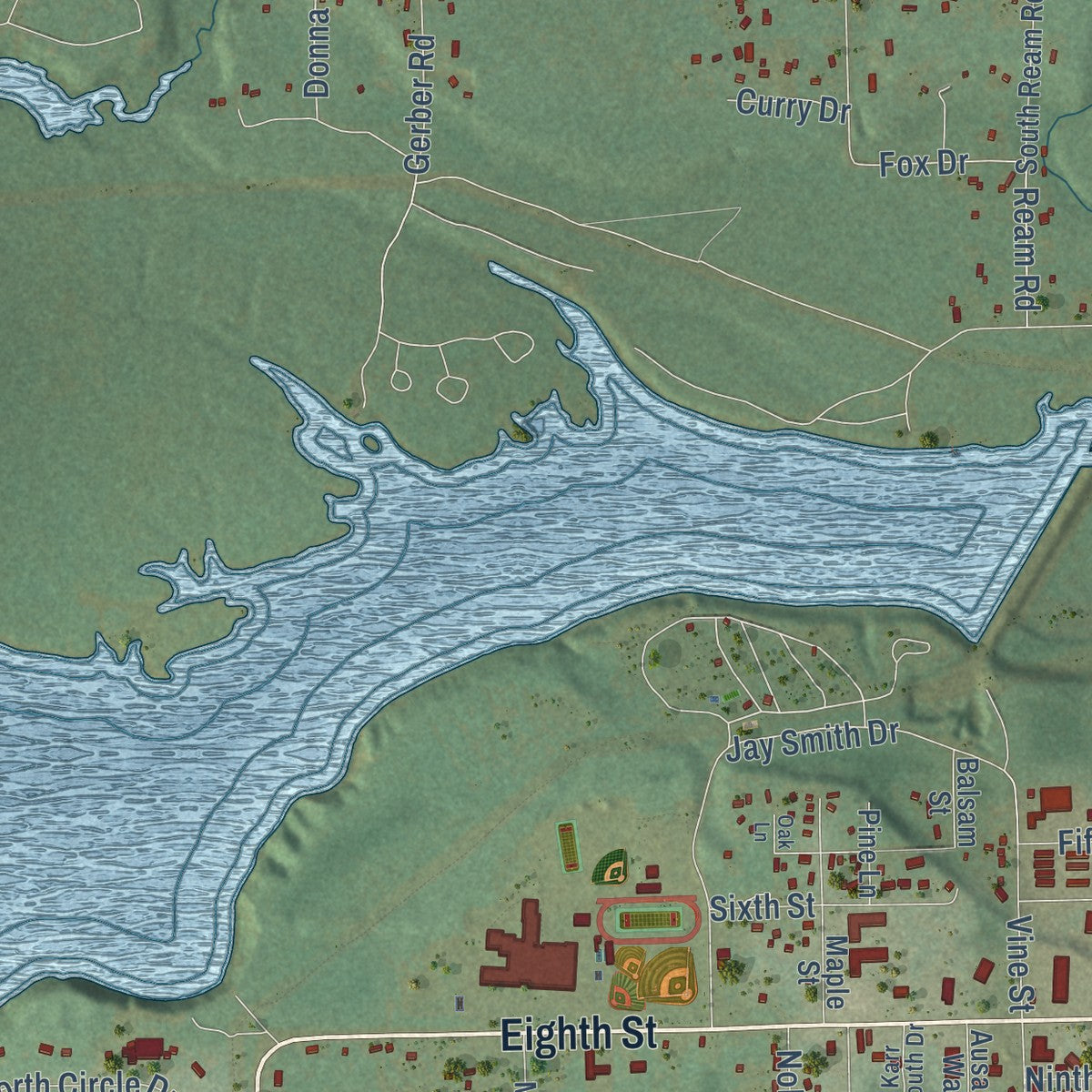 Close-up of the map of Mio, Michigan print showing street and building detail