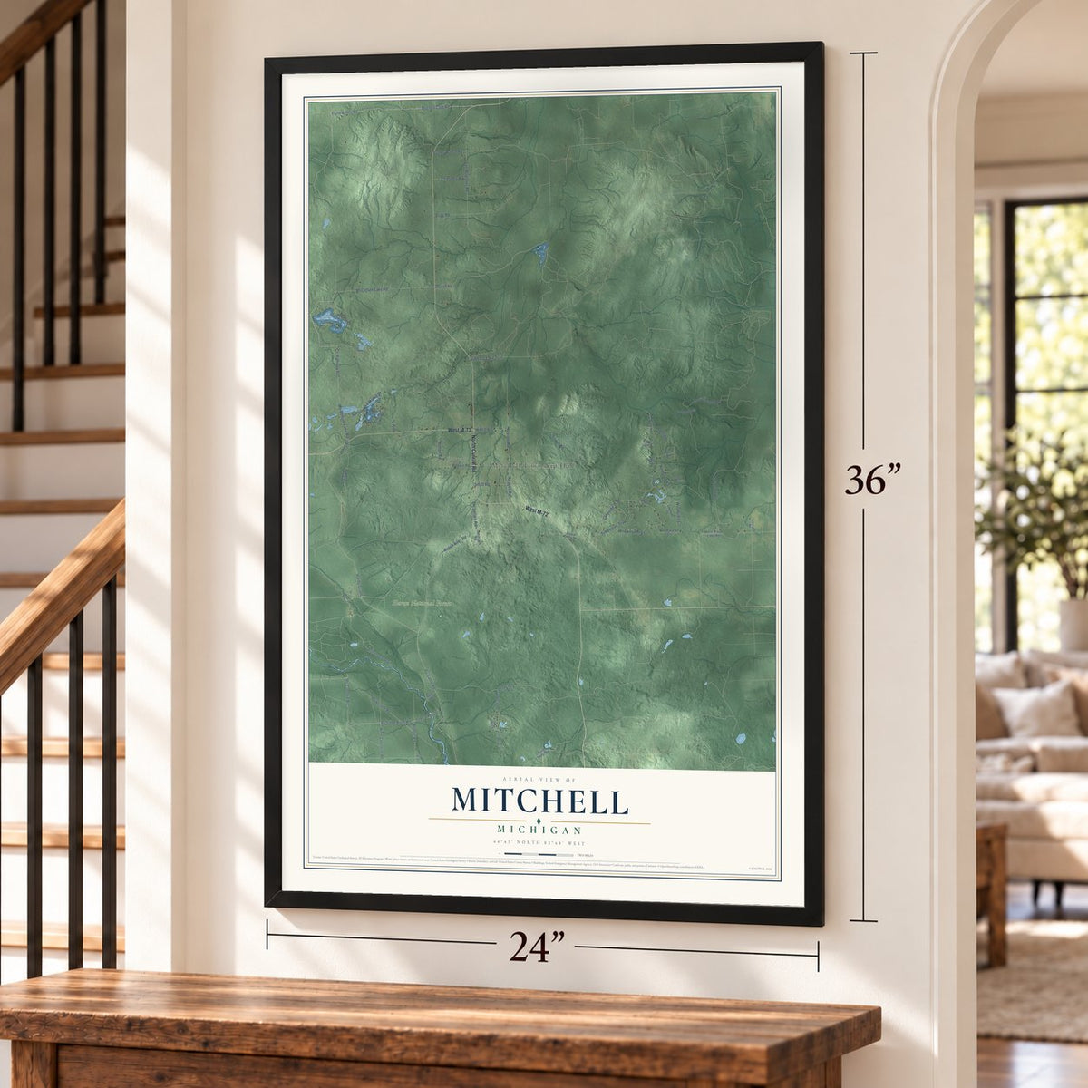 Mitchell, Michigan map, 24 x 36 inch print in a black frame by a staircase