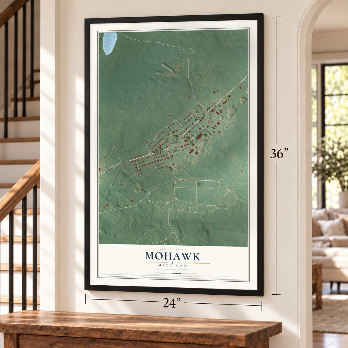 Mohawk, Michigan map, 24 x 36 inch print in a black frame by a staircase