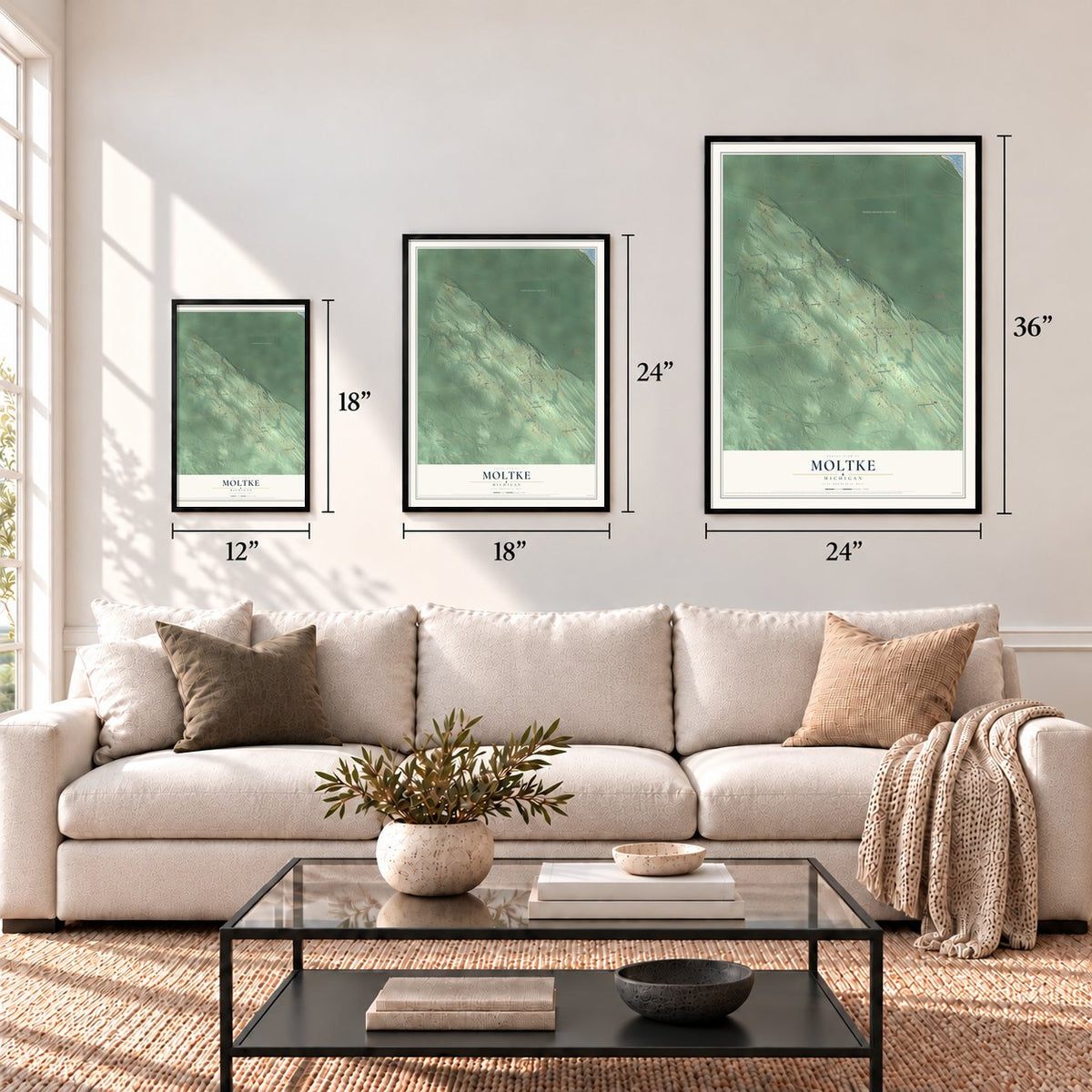 Moltke, Michigan map in 12 x 18, 18 x 24 and 24 x 36 inch sizes above a sofa
