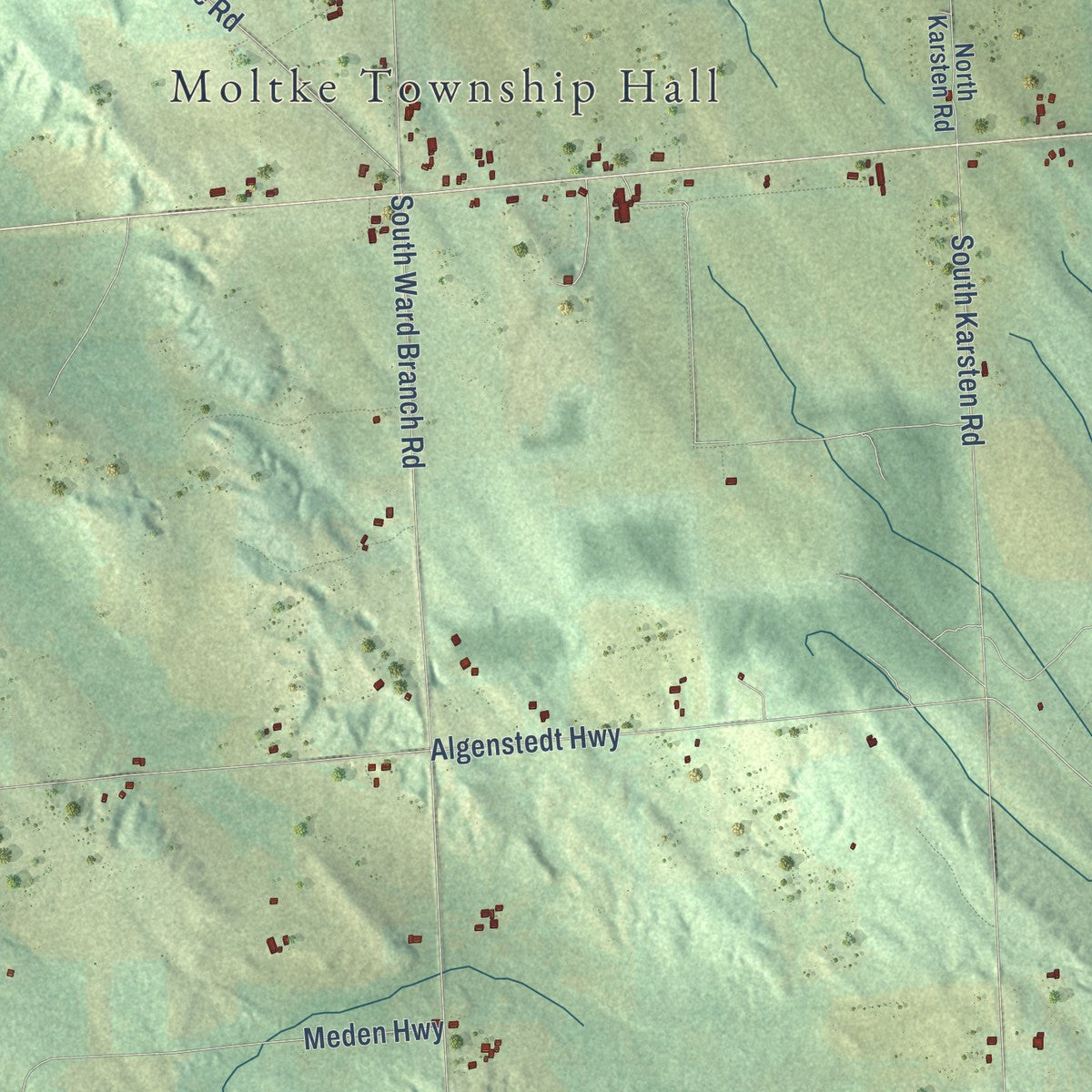 Close-up of the map of Moltke, Michigan print showing street and building detail