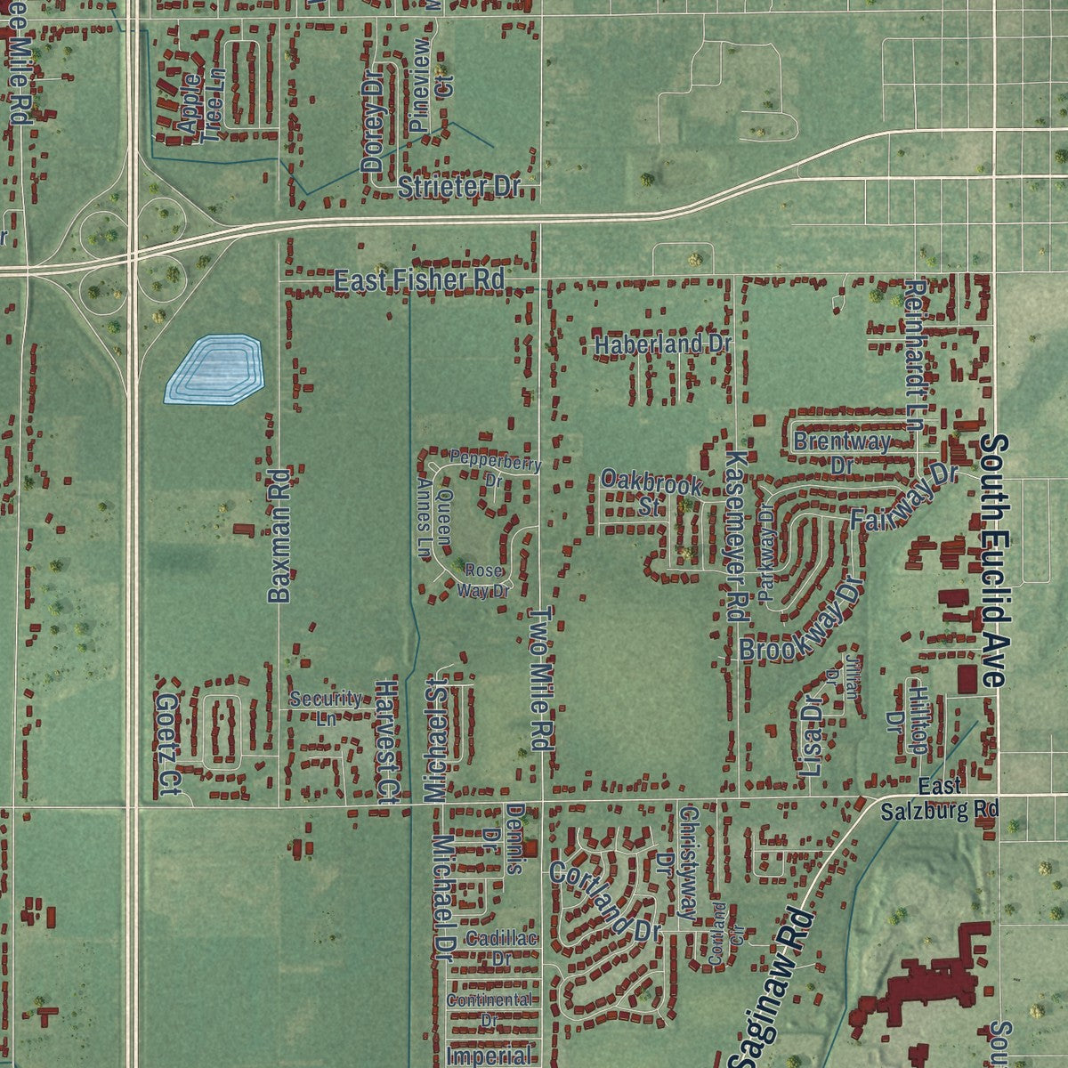 Close-up of the map of Monitor, Michigan print showing street and building detail
