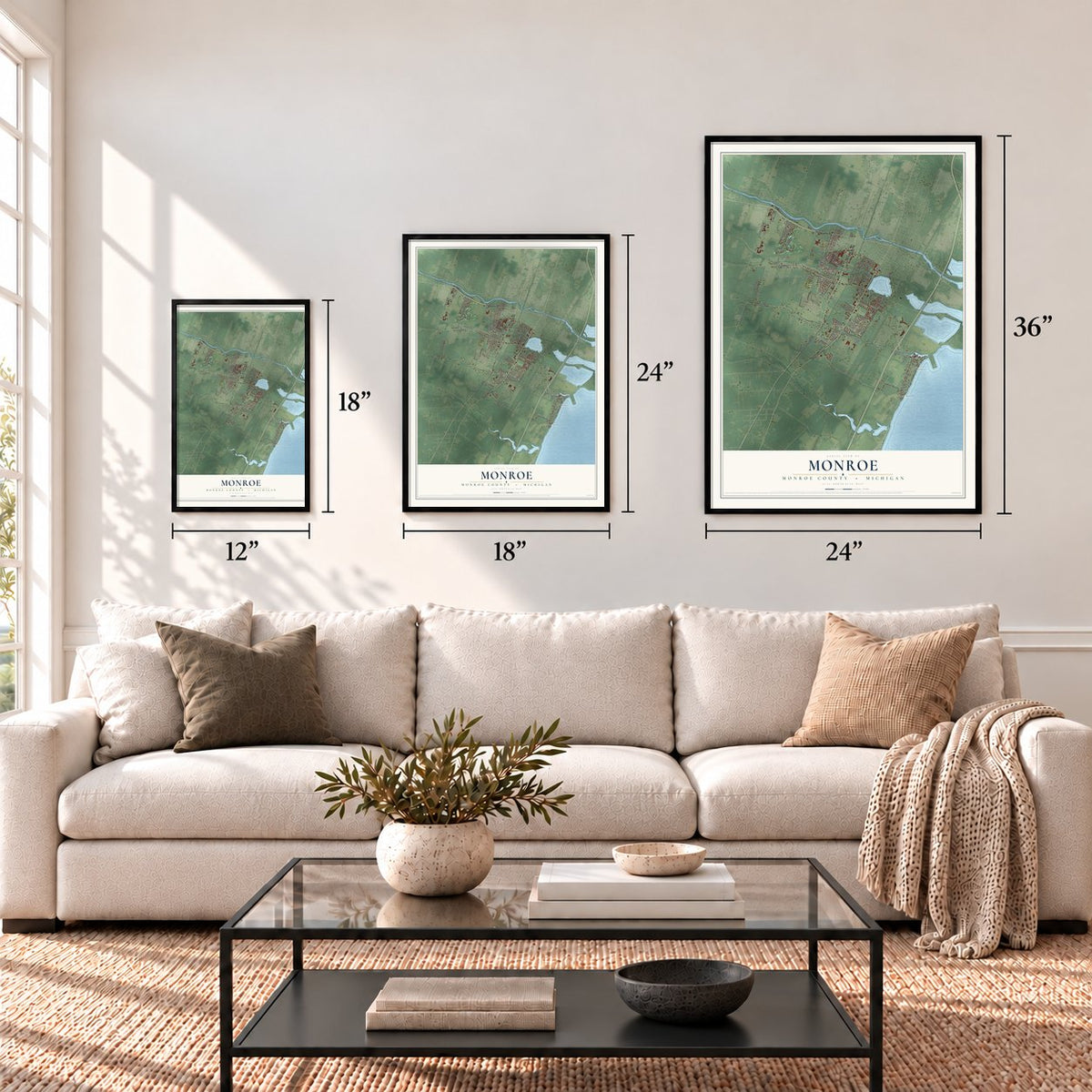 Monroe, Monroe County, Michigan map in 12 x 18, 18 x 24 and 24 x 36 inch sizes above a sofa