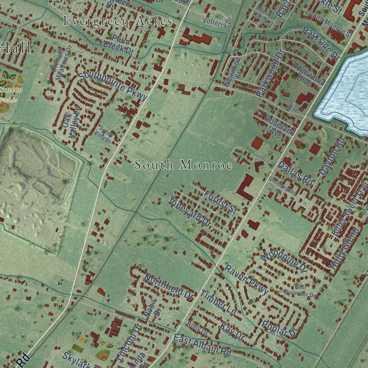 Close-up of the map of Monroe, Monroe County, Michigan print showing street and building detail