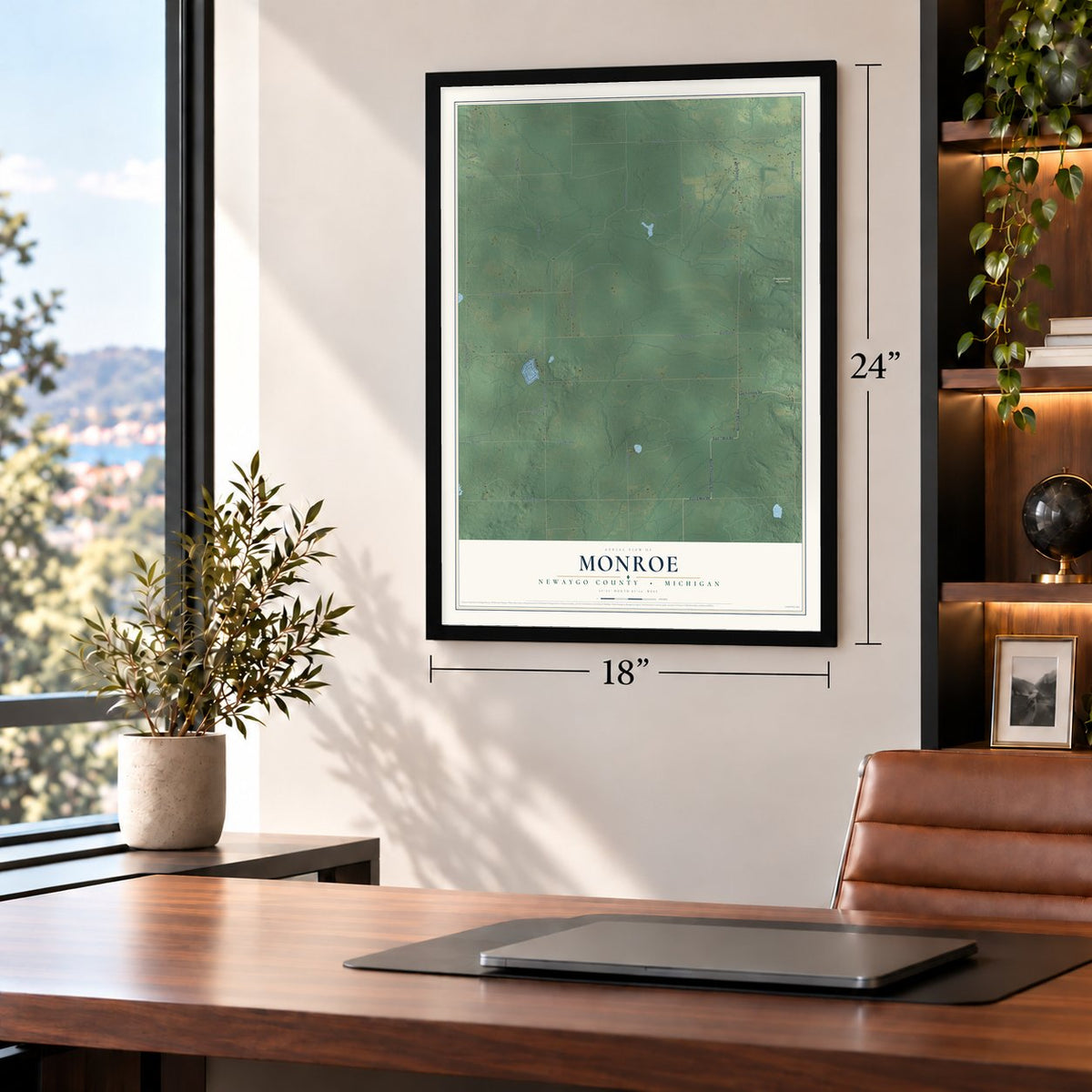 Monroe, Newaygo County, Michigan map, 18 x 24 inch print in a black frame in a home office