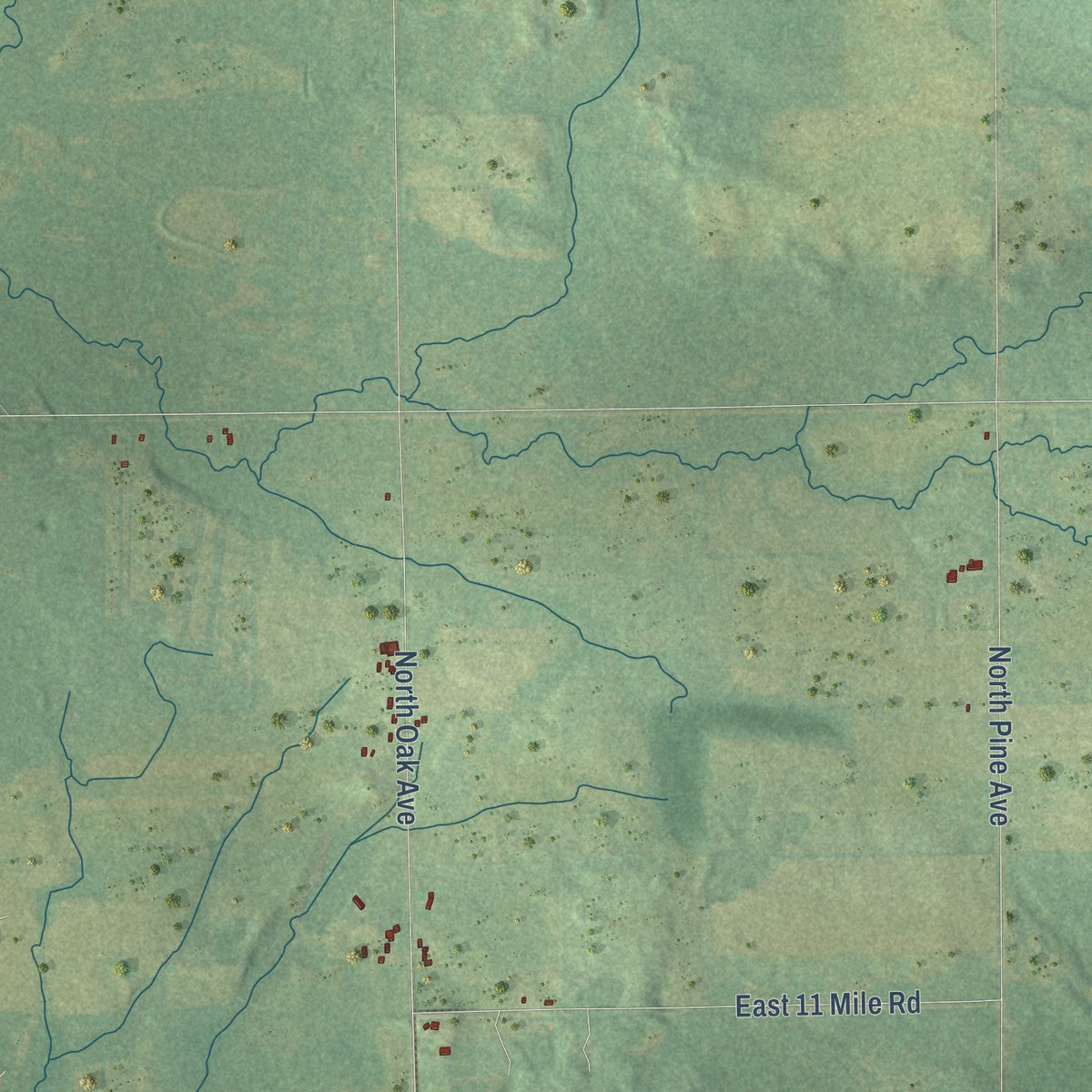 Close-up of the map of Monroe, Newaygo County, Michigan print showing street and building detail