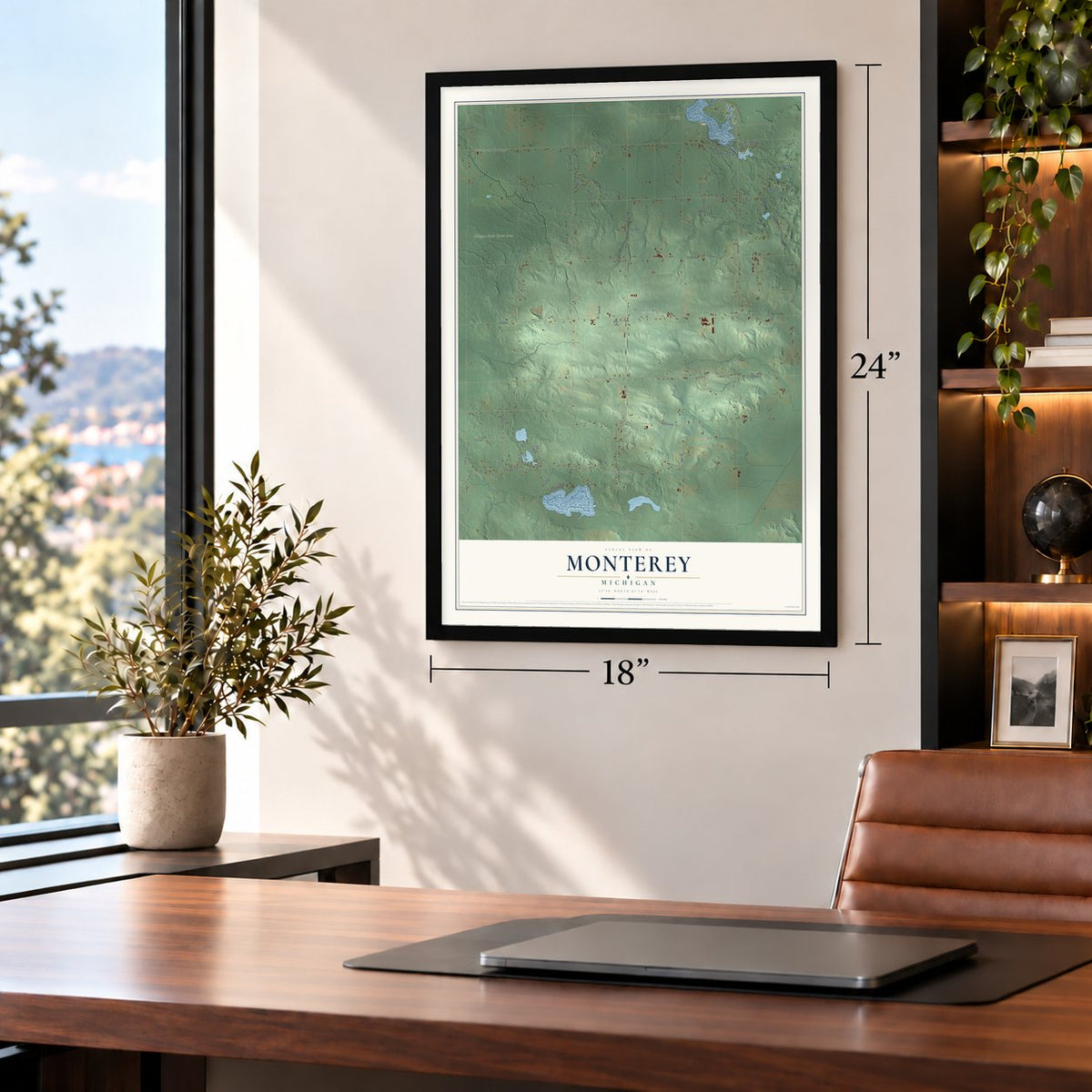 Monterey, Michigan map, 18 x 24 inch print in a black frame in a home office