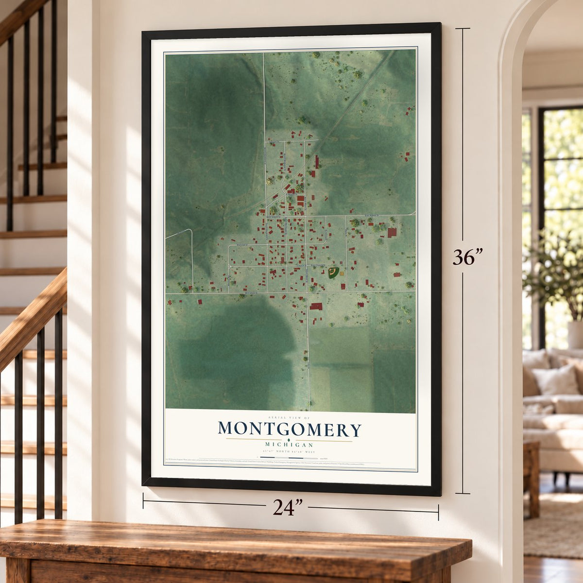Montgomery, Michigan map, 24 x 36 inch print in a black frame by a staircase