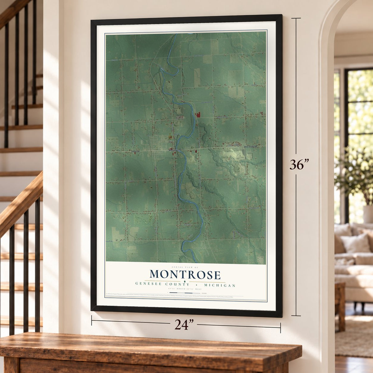 Montrose, Genesee County, Michigan map, 24 x 36 inch print in a black frame by a staircase