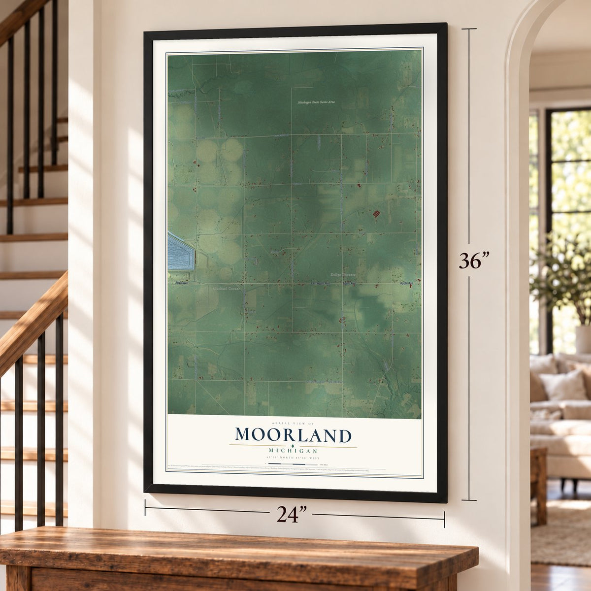 Moorland, Michigan map, 24 x 36 inch print in a black frame by a staircase