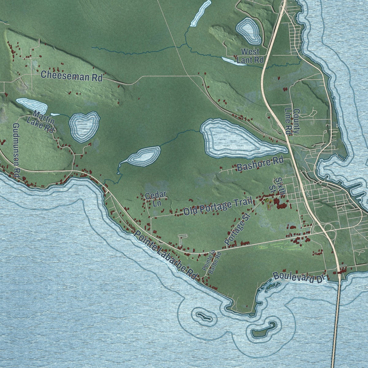 Close-up of the map of Moran, Michigan print showing street and building detail