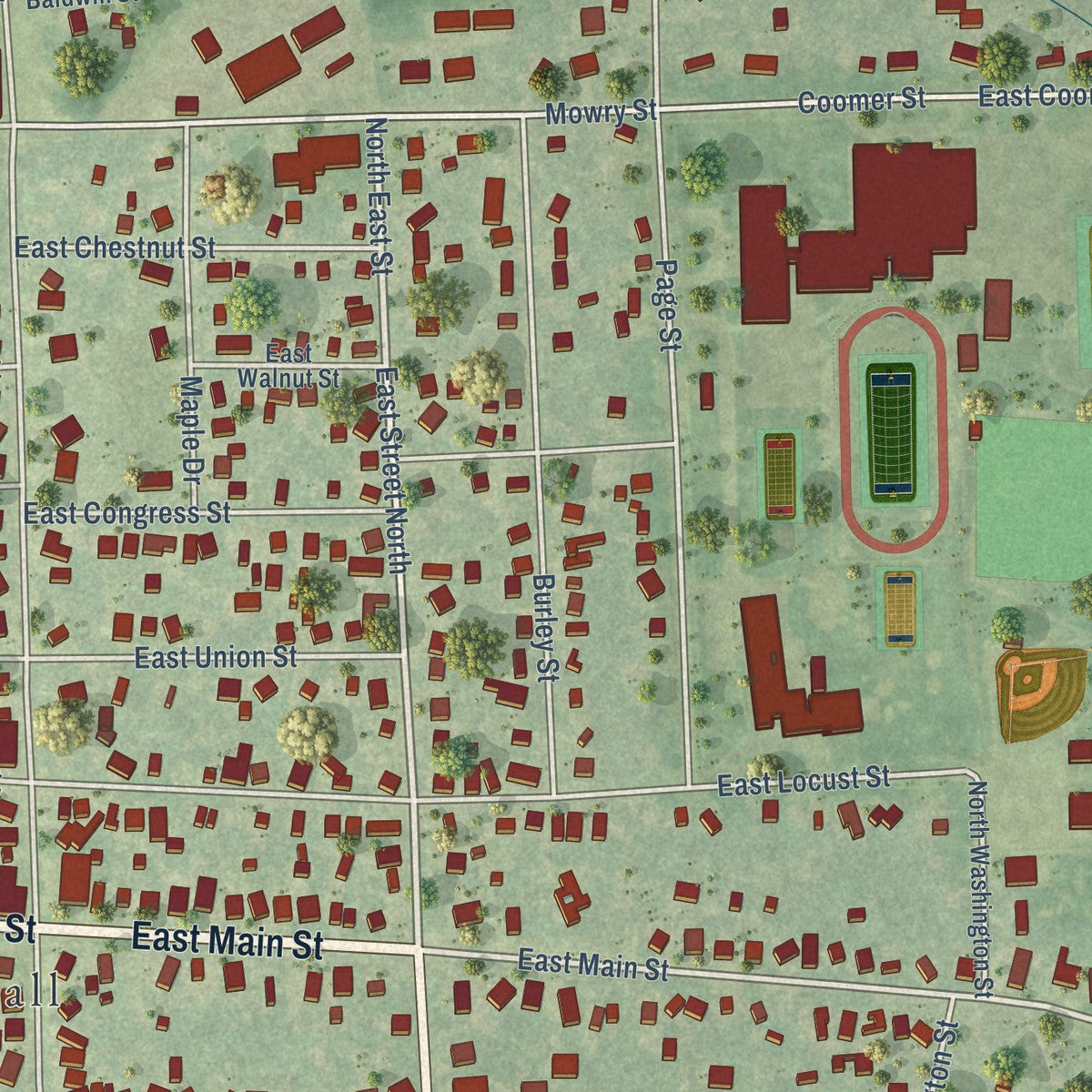 Close-up of the map of Morenci, Michigan print showing street and building detail