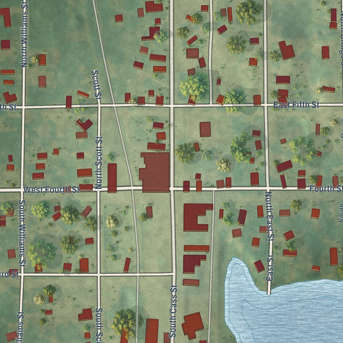Close-up of the map of Morley, Michigan print showing street and building detail