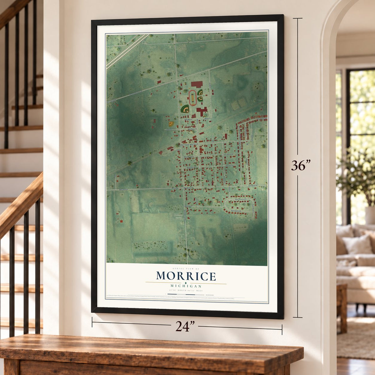 Morrice, Michigan map, 24 x 36 inch print in a black frame by a staircase