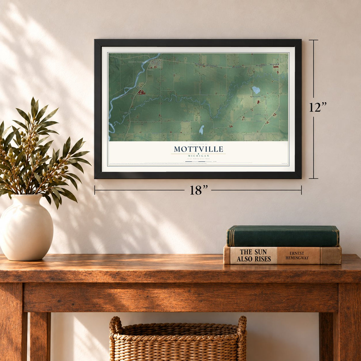 Mottville, Michigan map, 12 x 18 inch print in a black frame in an entryway