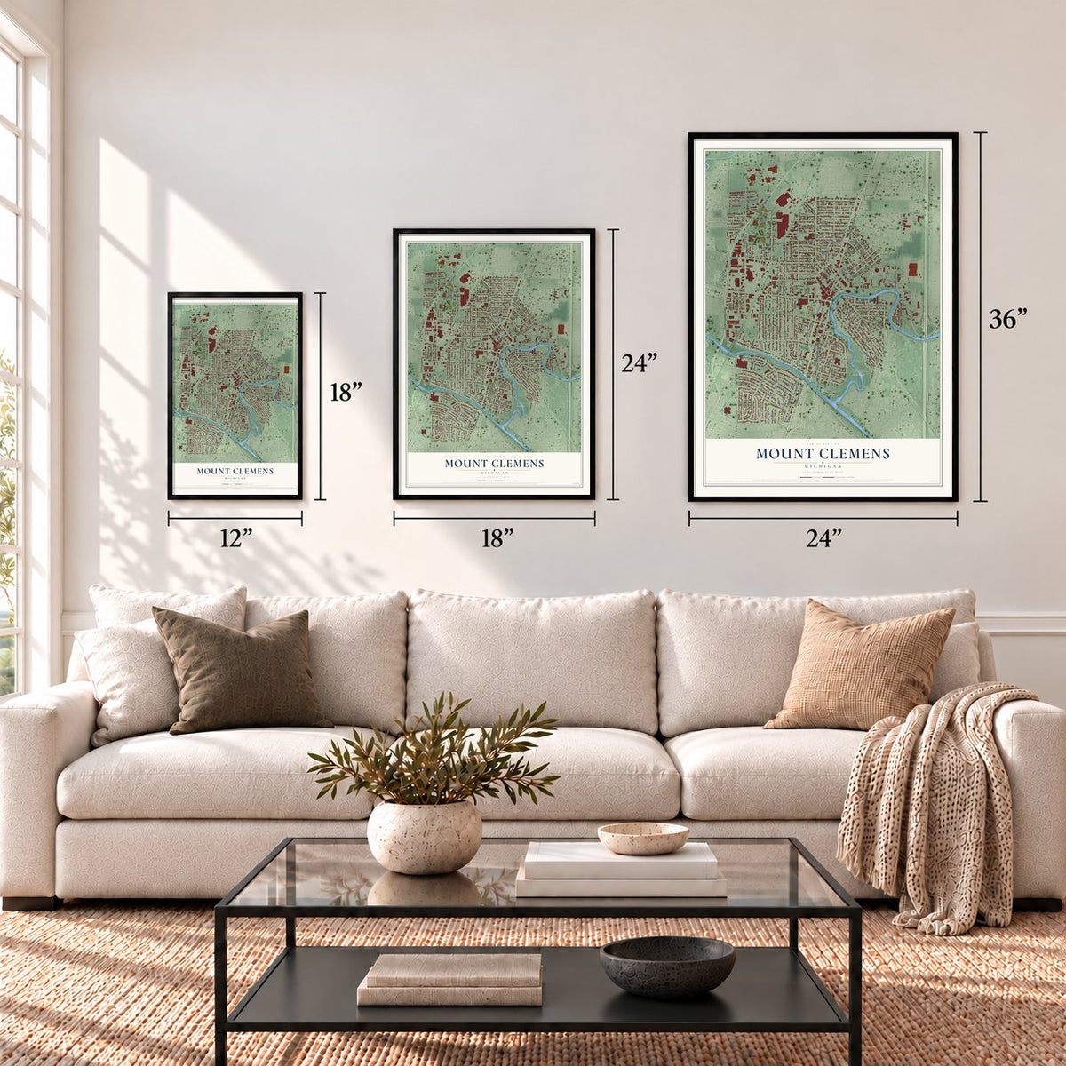 Mount Clemens, Michigan map in 12 x 18, 18 x 24 and 24 x 36 inch sizes above a sofa