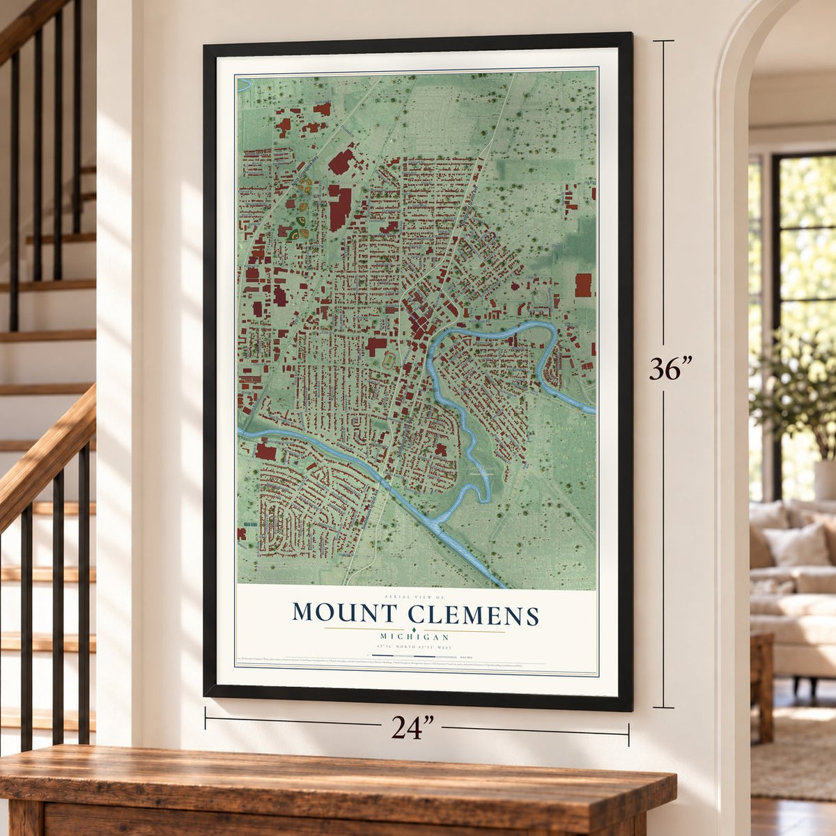 Mount Clemens, Michigan map, 24 x 36 inch print in a black frame by a staircase