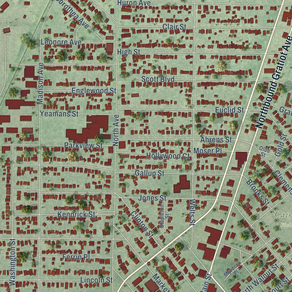 Close-up of the map of Mount Clemens, Michigan print showing street and building detail