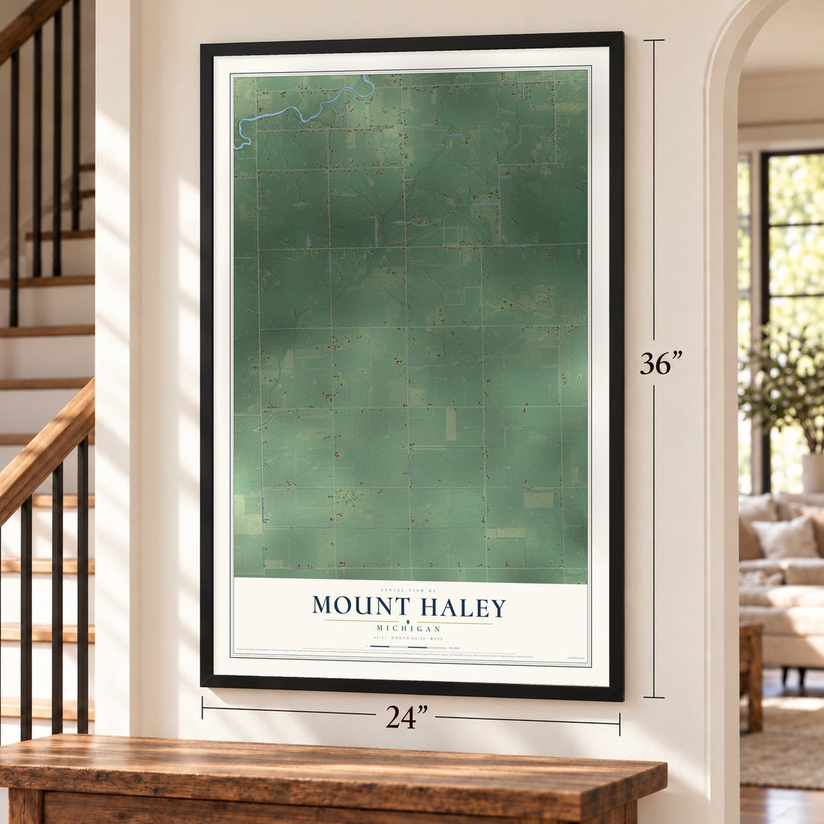 Mount Haley, Michigan map, 24 x 36 inch print in a black frame by a staircase