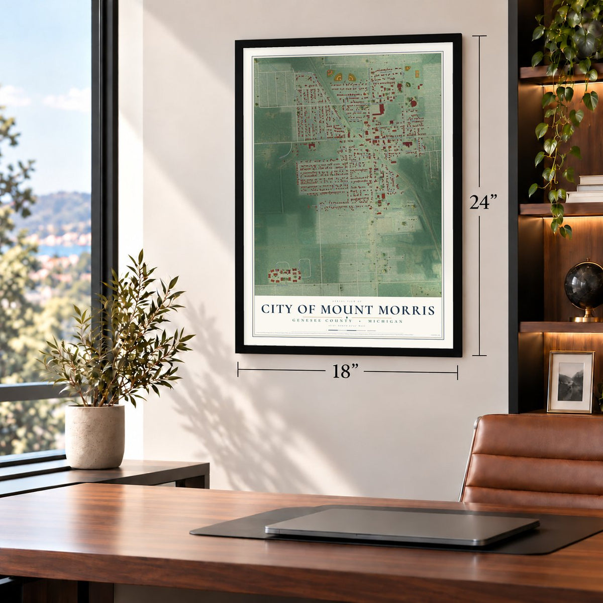 Mount Morris, Michigan map, 18 x 24 inch print in a black frame in a home office