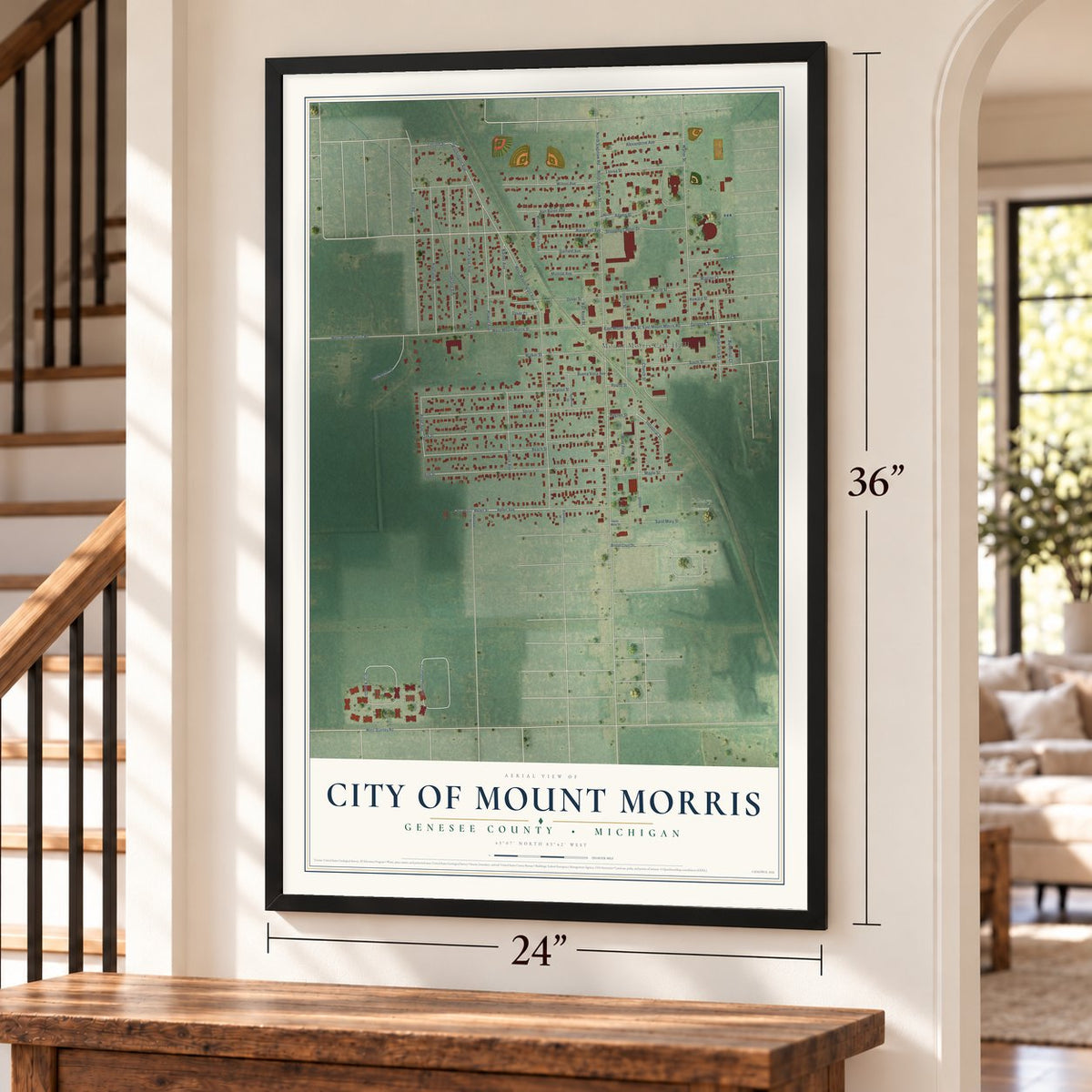 Mount Morris, Michigan map, 24 x 36 inch print in a black frame by a staircase