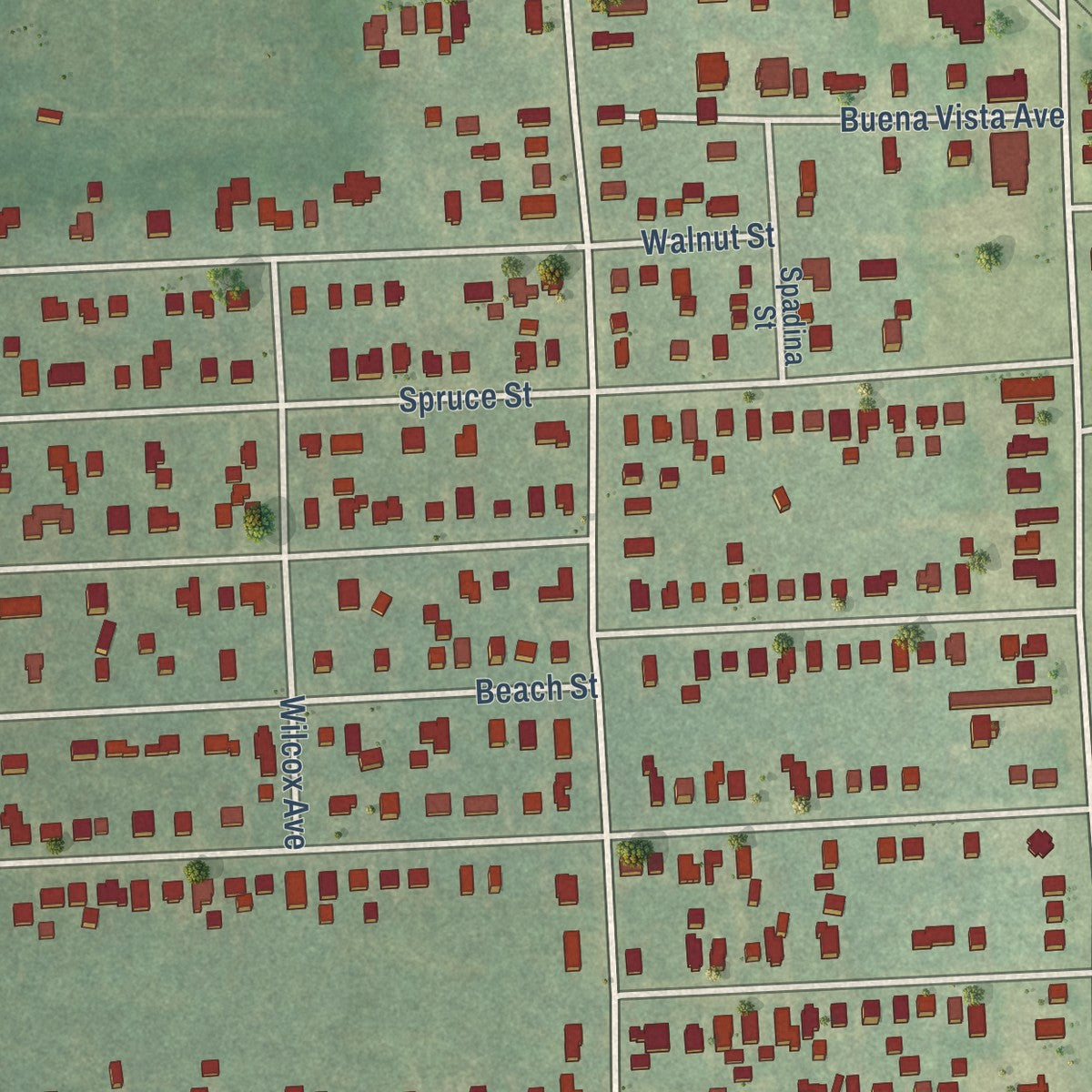 Close-up of the map of Mount Morris, Michigan print showing street and building detail