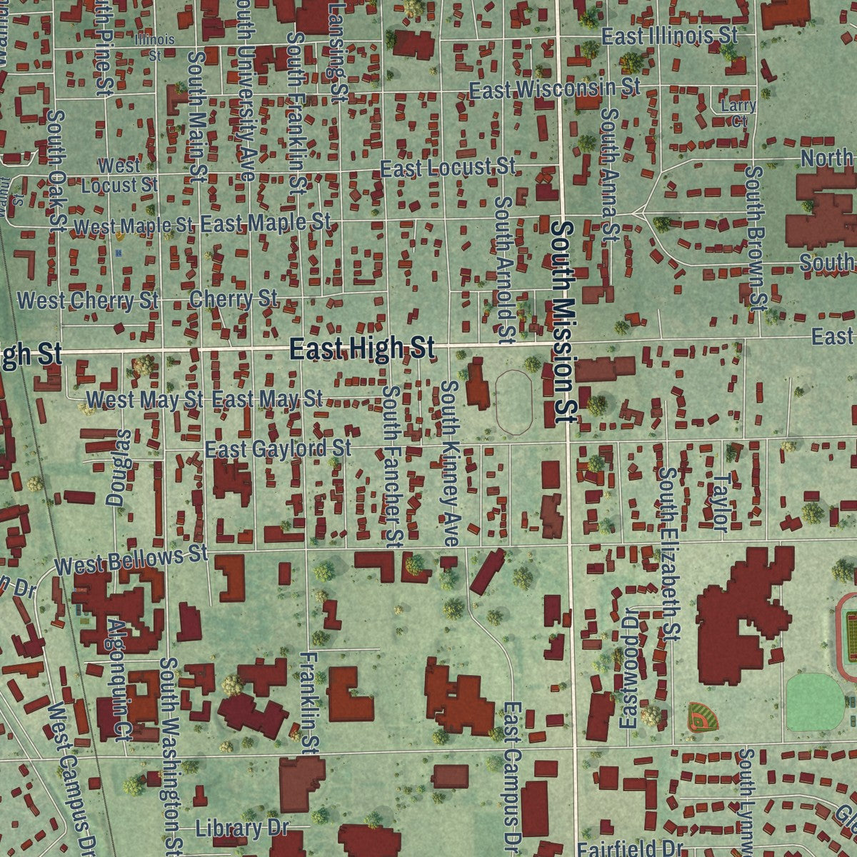 Close-up of the map of Mount Pleasant, Michigan print showing street and building detail