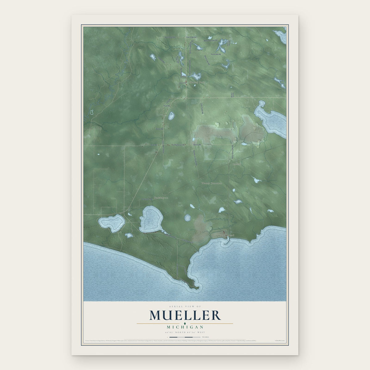 Mueller, Michigan map print, the full design