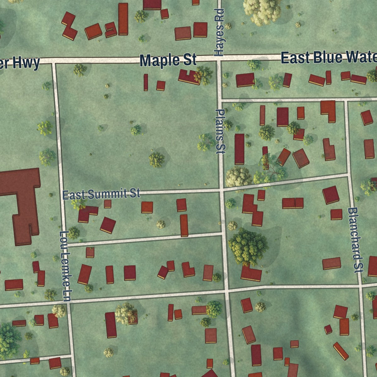 Close-up of the map of Muir, Michigan print showing street and building detail