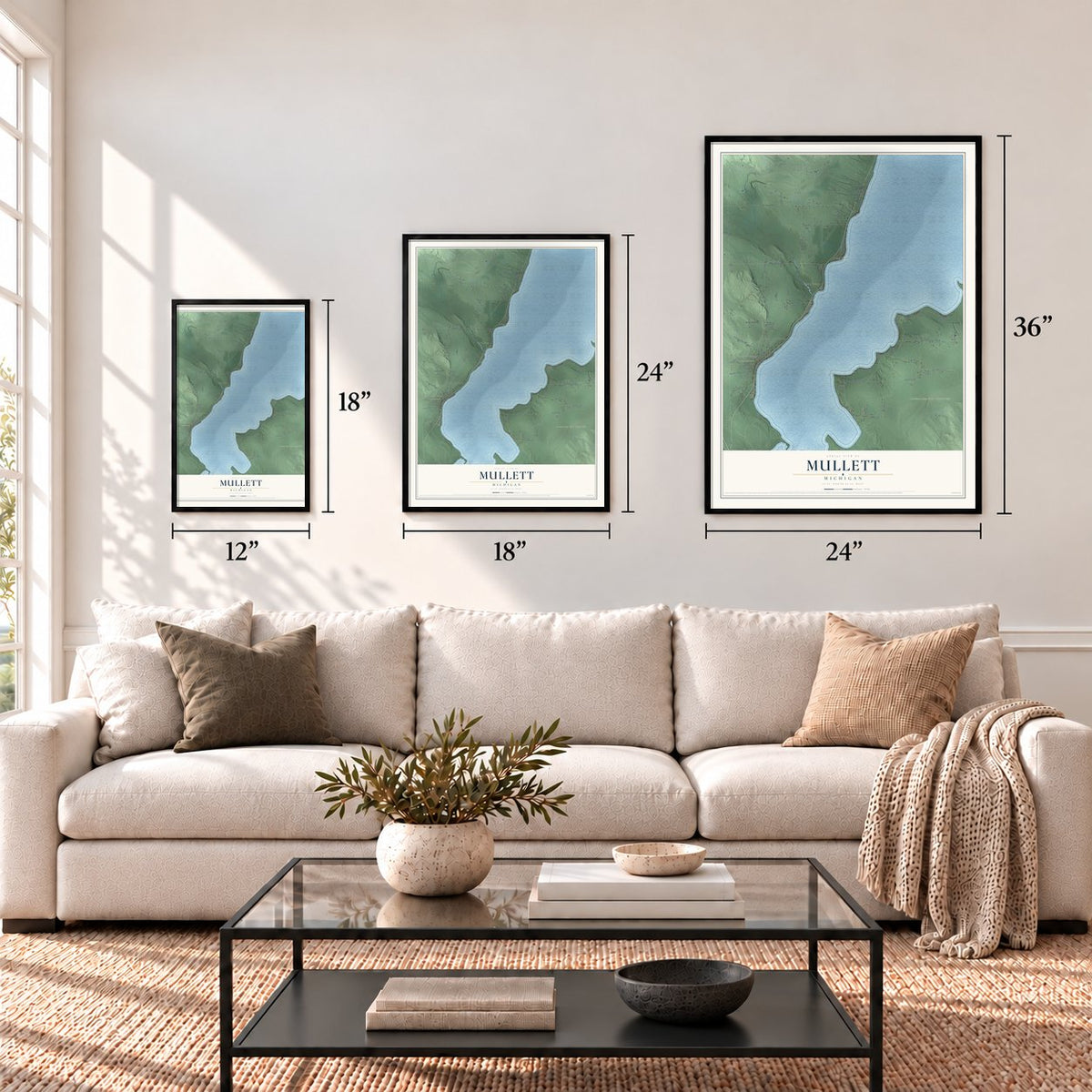 Mullett, Michigan map in 12 x 18, 18 x 24 and 24 x 36 inch sizes above a sofa