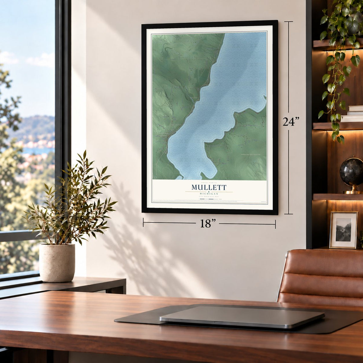 Mullett, Michigan map, 18 x 24 inch print in a black frame in a home office