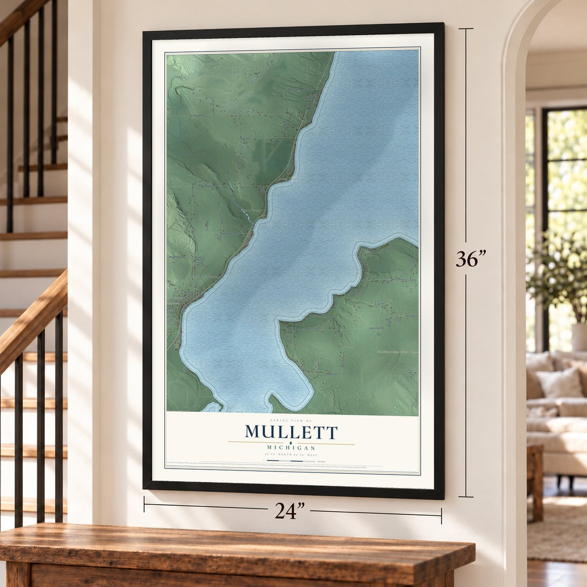 Mullett, Michigan map, 24 x 36 inch print in a black frame by a staircase
