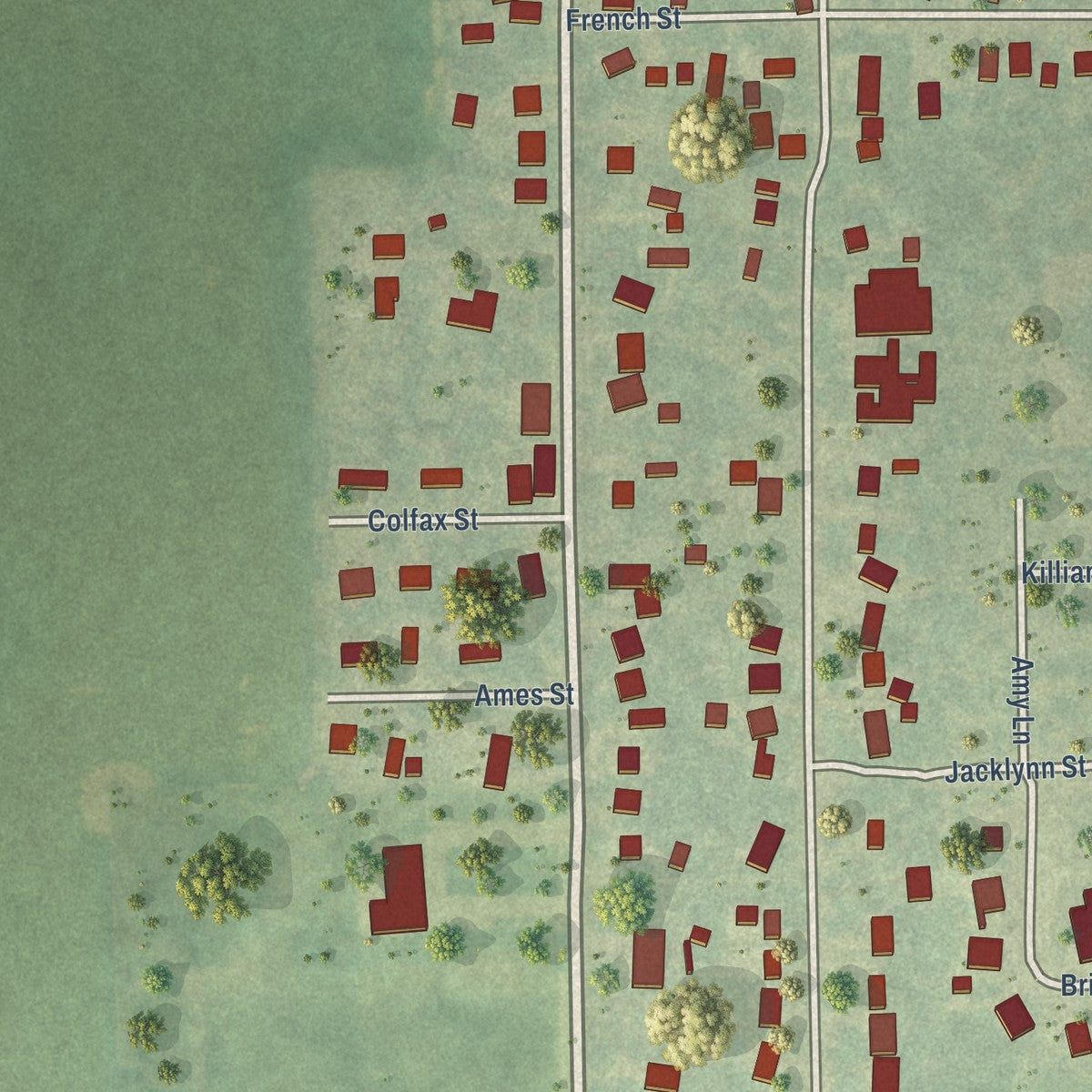 Close-up of the map of Mulliken, Michigan print showing street and building detail