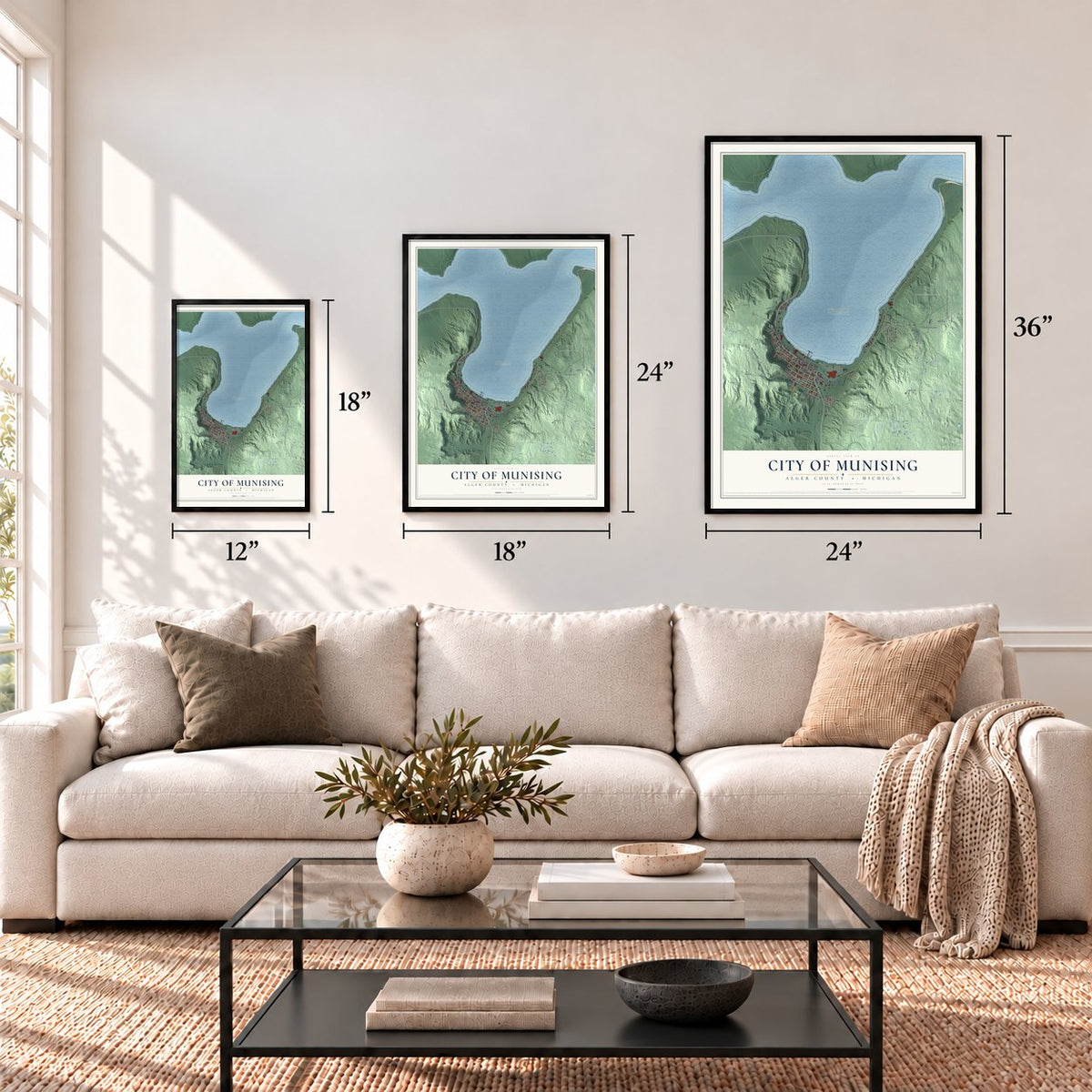 Munising, Michigan map in 12 x 18, 18 x 24 and 24 x 36 inch sizes above a sofa