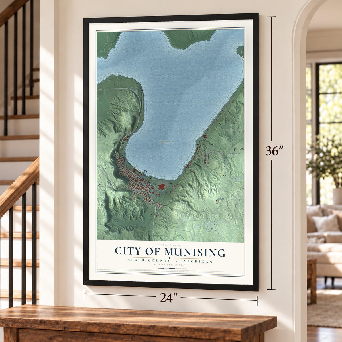 Munising, Michigan map, 24 x 36 inch print in a black frame by a staircase