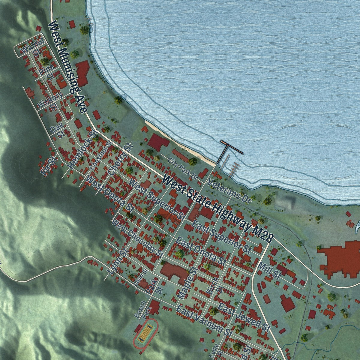 Close-up of the map of Munising, Michigan print showing street and building detail
