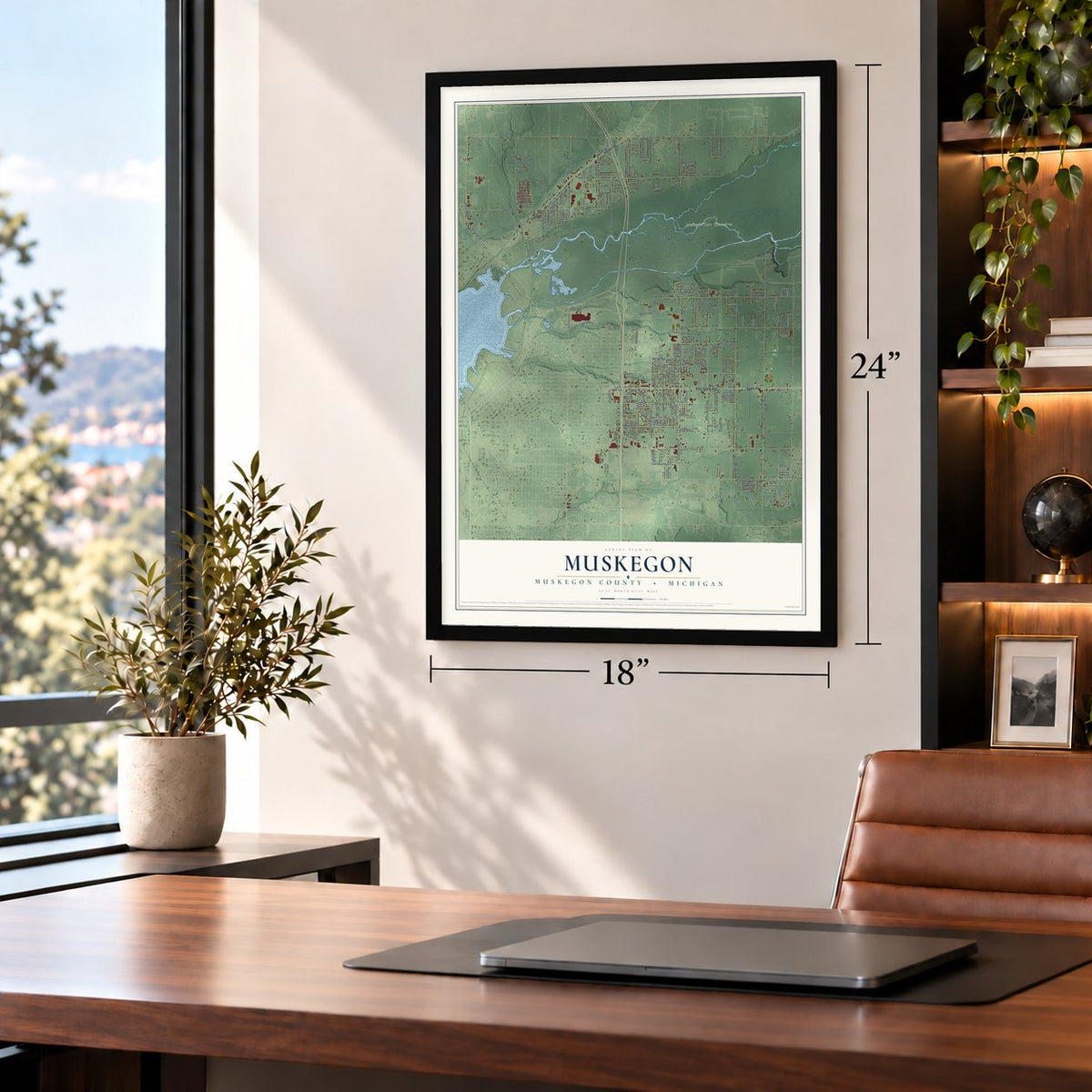 Muskegon, Muskegon County, Michigan map, 18 x 24 inch print in a black frame in a home office