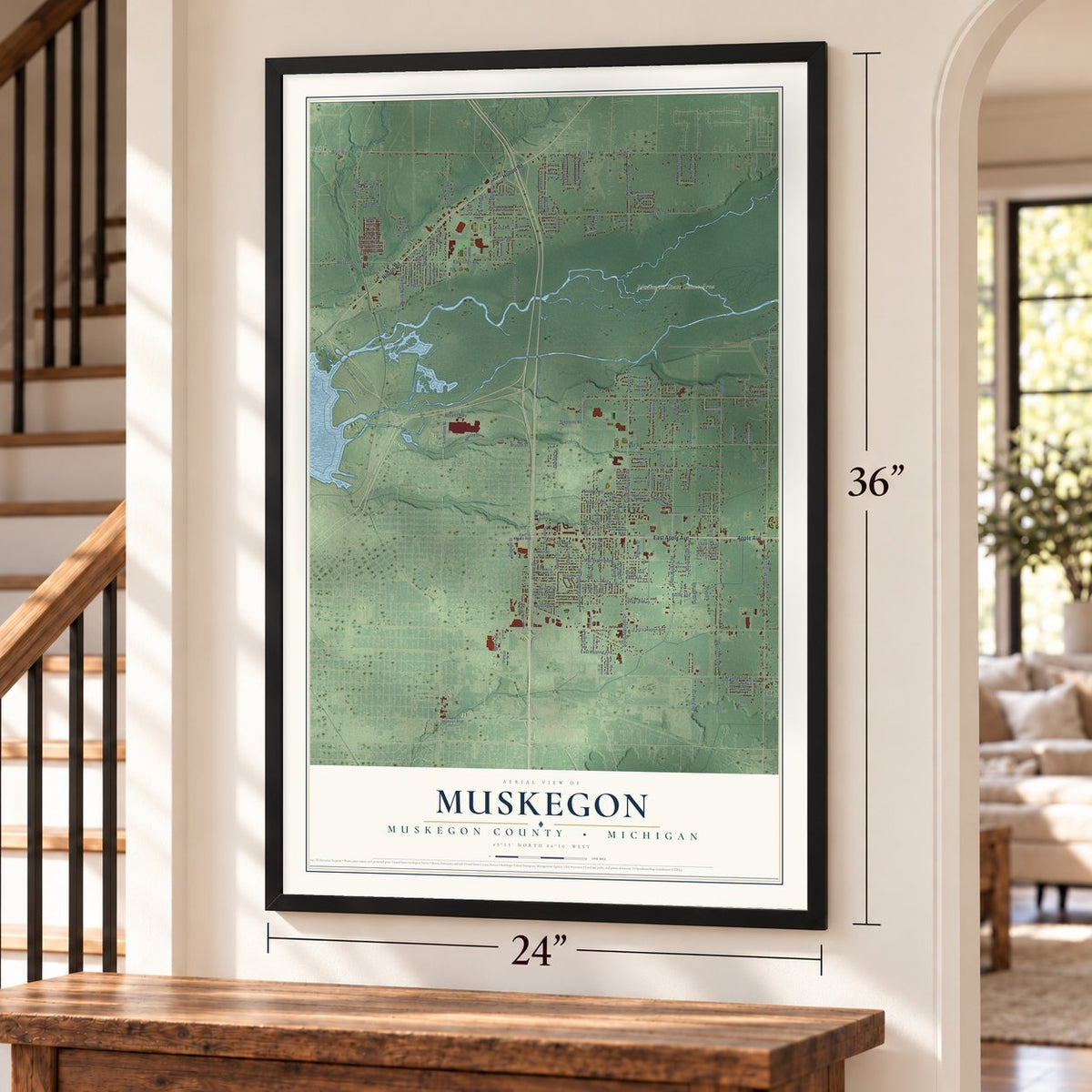 Muskegon, Muskegon County, Michigan map, 24 x 36 inch print in a black frame by a staircase