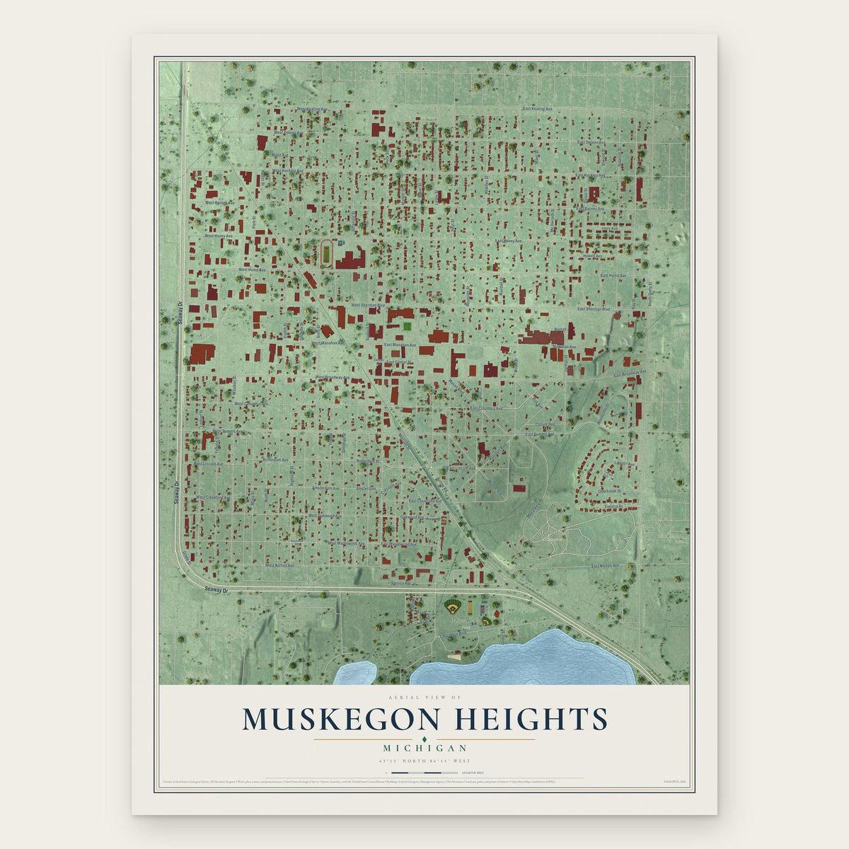 Muskegon Heights, Michigan map print, the full design