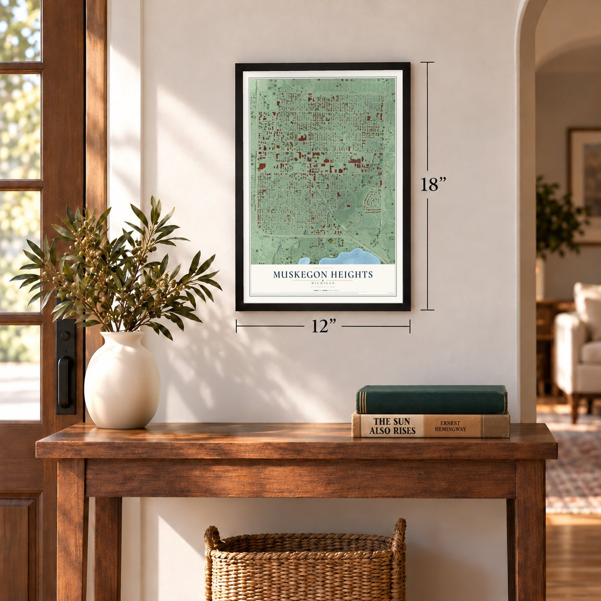 Muskegon Heights, Michigan map, 12 x 18 inch print in a black frame in an entryway