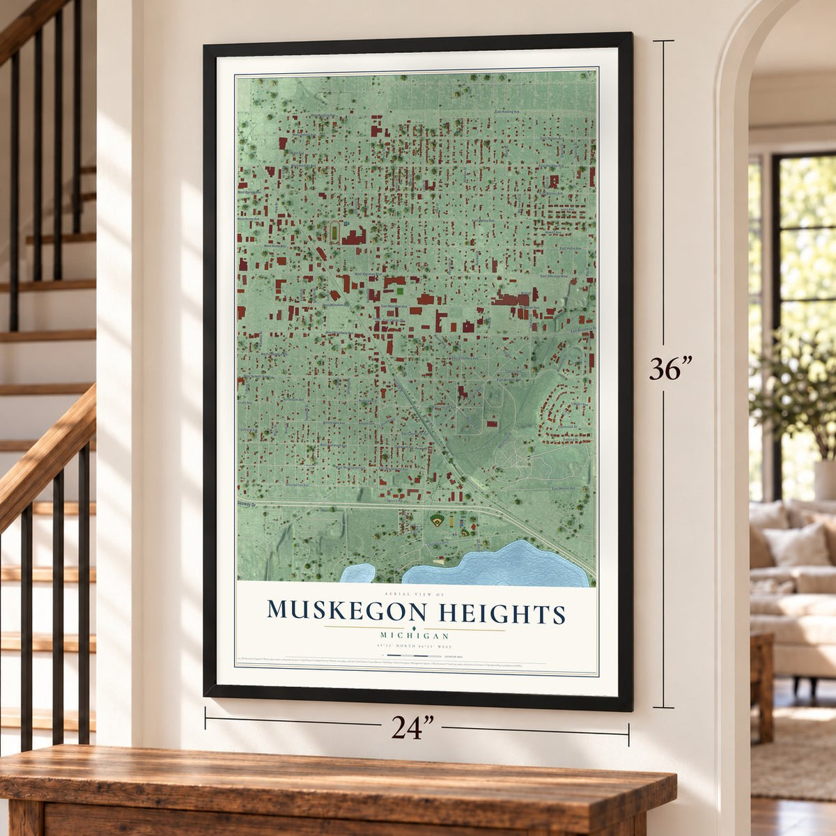 Muskegon Heights, Michigan map, 24 x 36 inch print in a black frame by a staircase